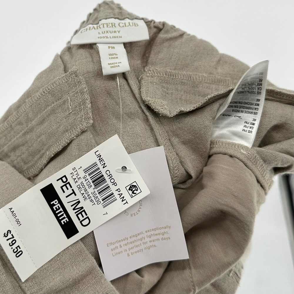 NEW Charter Club Luxury 100% Linen Beige Sand Pull On Pants Cropped Capris PM - Picture 7 of 7